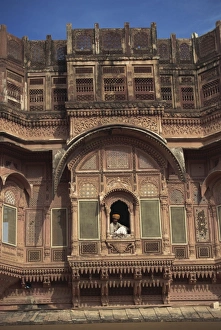 Guards Prints: Guard sitting by window, City Palace, Udaipur, Rajasthan state, India, Asia