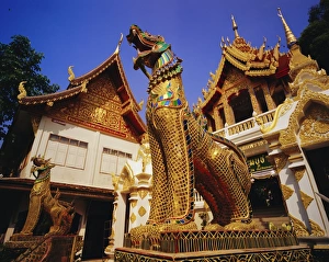 Doi Suthep Prints: Guardian lions and temple at entrace to Wat Suthep