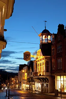 Clock Prints: Guildford High Street and Guildhall at dusk, Guildford, Surrey, England