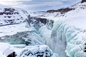Iceland Gallery: Gullfoss Waterfall, partly frozen in winter, Gullfoss, Iceland, Polar Regions