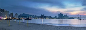 Vacation Spot Prints: Gwangalli beach and Gwangan Bridge at dawn, Busan, South Korea, Asia