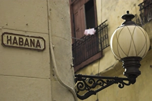 Lamp Prints: Habana street sign and lampost, Obispo Street, Havana Vieja, Havana, Cuba