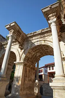 Sculptures Prints: Hadrians Gate stands as a symbol of ancient architecture in Antalya from 130 AD showcasing Roman influence