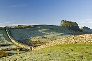 Northumbria Collection: Hadrians Wall with civilian gate, a unique feature, and Housesteads Fort