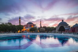Traditionally Turkish Prints: Hagia Sophia (Aya Sofya) (Santa Sofia), UNESCO World Heritage Site, at sunset, Sultanahmet