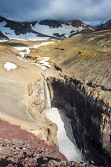 Kamchatka Prints: Half frozen waterfall below Mutnovsky volcano, Kamchatka, Russia, Eurasia