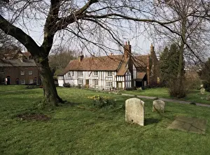 Church Yard Prints: Half timbered cottages in the church graveyard at Old Hatfield, Hertfordshire