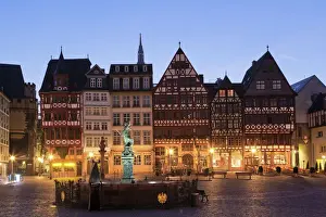 Hesse Prints: Half-timbered houses and Justitia Fountain at Roemerberg square, Frankfurt, Hesse