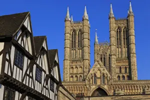 Tudor Prints: Half-timbered Leigh-Pemberton House and Lincoln Cathedral, from Castle Square, Lincoln