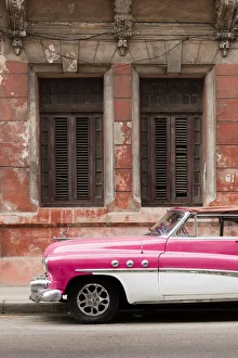 Bright Color Prints: Front half of white and pink old vintage car, Havana, Cuba, West Indies, Caribbean