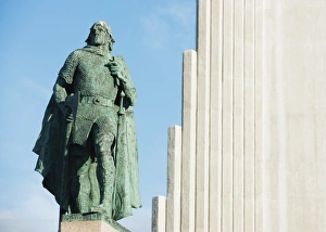 Lutheran Prints: Hallgrimskirkja church and statue of Liefur Eiriksson, Reykjavik, Iceland, Polar Regions