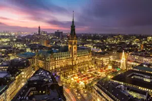 Hamburg Prints: Hamburgs Town Hall (Rathaus) and Christmas Market at sunset, Hamburg, Germany, Europe