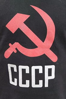 Symbol Collection: Hammer and sickle as sign of communism on a T-shirt, Bishkek, Kyrgyzstan, Central Asia