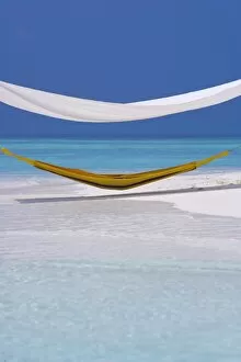 Images Dated 22nd October 2009: Hammock under shelter on tropical beach, Maldives, Indian Ocean, Asia