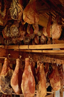 Food And Drink Prints: Hams air drying, Graubunden region, Switzerland, Europe