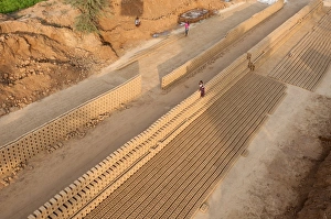 Preparation Prints: Hand made bricks laid out on the ground to dry before baking, northeast of Jaipur