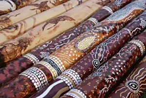 Decorated Prints: Hand painted didgeridoos, Aboriginal musical instrument, Australia, Pacific