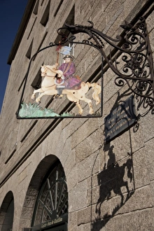 Saint Malo Prints: Hanging sign of a horseman, Place Jean Moulin, St. Malo, Brittany, France, Europe