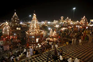Uttarakhand Prints: Har-ki-Pauri lit up at night during the Kumbh Mela, Haridwar, Uttarakhand, India, Asia