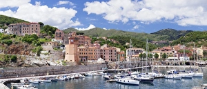 Elba Prints: Harbour, clock tower, Rio Marina, Island of Elba, Livorno Province, Tuscany, Italy