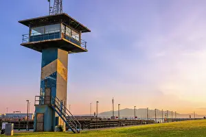 Navigation Prints: Harbour control tower with Isle of Arran in background at Ardrossan