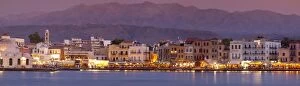Harbour at dusk and White Mountains, Chania, Crete, Greek Islands, Greece, Europe