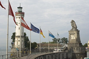 Bodensee Prints: Harbour entrance with lighthouse and lion, Austrian German and E