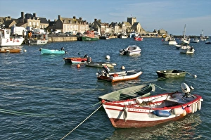 Images Dated 19th November 2009: Harbour and fishing boats with houses and church in the background, Barfleur