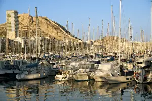 Alicante Prints: Harbour, hotel Tryp Gran Sol and Santa Barbara castle in background, Alicante