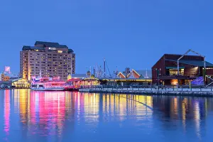 Nightlife Prints: Harbour lights reflect on water during dusk in Hakodate, Hokkaido, Japan