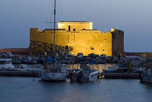 The harbour and Paphos Fort at night, Paphos, Cyprus, Mediterranean, Europe