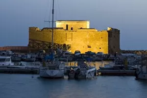 The harbour and Paphos Fort at night, Paphos, Cyprus, Mediterranean, Europe