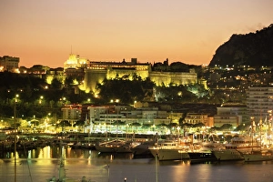 Monaco Prints: The harbour and Princes Palace at sunset, Monte Carlo, Monaco, Cote d Azur