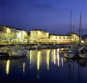 Ile De Re Prints: The harbour with restaurants at dusk, St