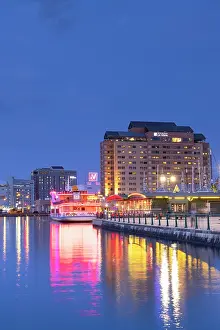 Nightlife Prints: Harbour view at dusk with colorful lights reflecting on water in Hakodate, Hokkaido, Japan