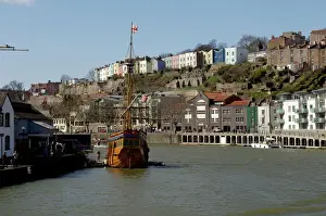 Bristol Prints: Harbour view to Hotwells with replica sailing ship The Matthew, Bristol