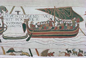 Cloth Prints: Harold steers ship across channel, a scene from the Bayeux Tapestry, Bayeux