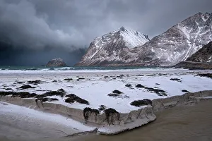 Lofoten Islands Prints: Hauklandstranda Beach and the headland island of Taa in winter