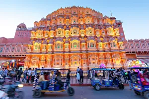 Jaipur Prints: Hawa Mahal (Palace of the Winds) at dusk, Jaipur, Rajasthan, India, South Asia, Asia