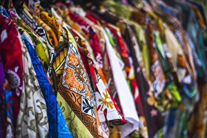 South Pacific Gallery: Hawaiian shirts for sale at Rarotonga Saturday Market (Punanga Nui Market), Avarua Town