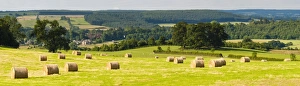 Hay bale landscape in Northumberland National Park, near Hexham, Northumberland, England, United Kingdom, Europe