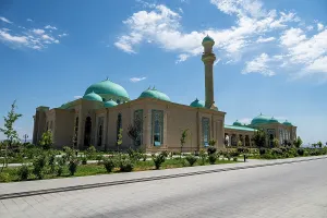 Landscaping Prints: Haydar Mosque stands in Nakhchivan showcasing its design with blue domes