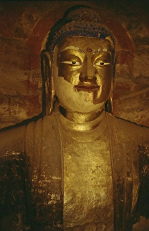 Yungang Prints: Head of large Buddha statue in Cave No. 5, Northern Wei dynasty, dating from circa 470AD