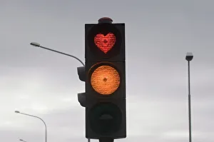 Customs Prints: Heart as red light of a traffic light, Akureyri, Iceland, Polar Regions