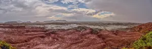 Storm Prints: Heavy rainstorm over Flattops section of Petrified Forest National Park in Arizona captures falling rain in landscape
