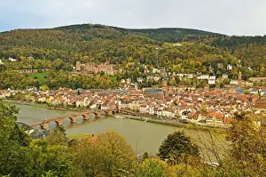 Old Bridge Prints: Heidelberg, with Heidelberg Castle on the hill and the Old Bridge over River Neckar