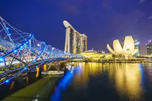 Helix Bridge, Marina Bay Sands and ArtScience Museum illuminated at night, Marina Bay