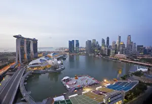 The Helix Bridge and Marina Bay Sands, elevated view over Singapore, Marina Bay, Singapore, Southeast Asia, Asia