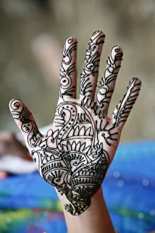 Human Hand Prints: Henna tattoo on womans hands, Dakshin Kali, Nepal, Asia