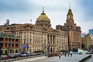 Walkway Prints: Heritage buildings along the Bund on an overcast day, Shanghai, China